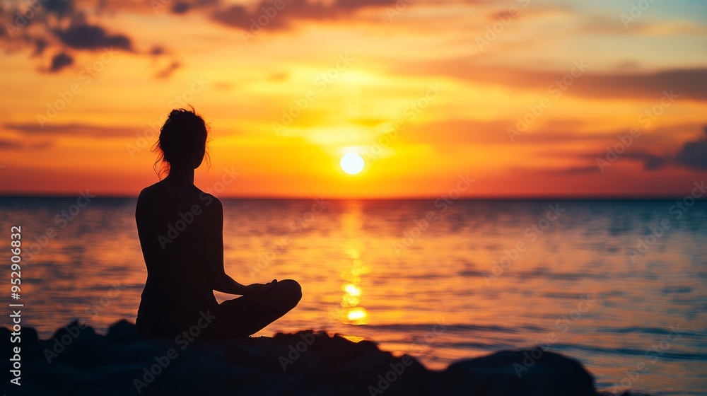 concept of wellbeing, silhouette of a person taking in a stunning sunset and an ocean view concept of wellbeing, silhouette of a person taking in a stunning sunset and an ocean view