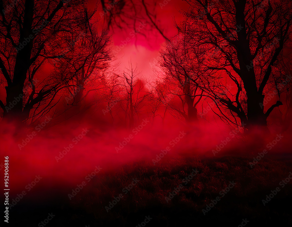 Misty blood-red fog envelops a haunted forest with tombstones at twilight, creating an eerie and haunting atmosphere Misty blood-red fog envelops a haunted forest with tombstones at twilight, creating an eerie and haunting atmosphere