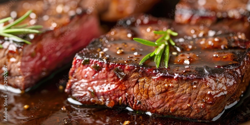 Close up of steak cooked in an air fryer with a rich buttery glaze Close up of steak cooked in an air fryer with a rich buttery glaze