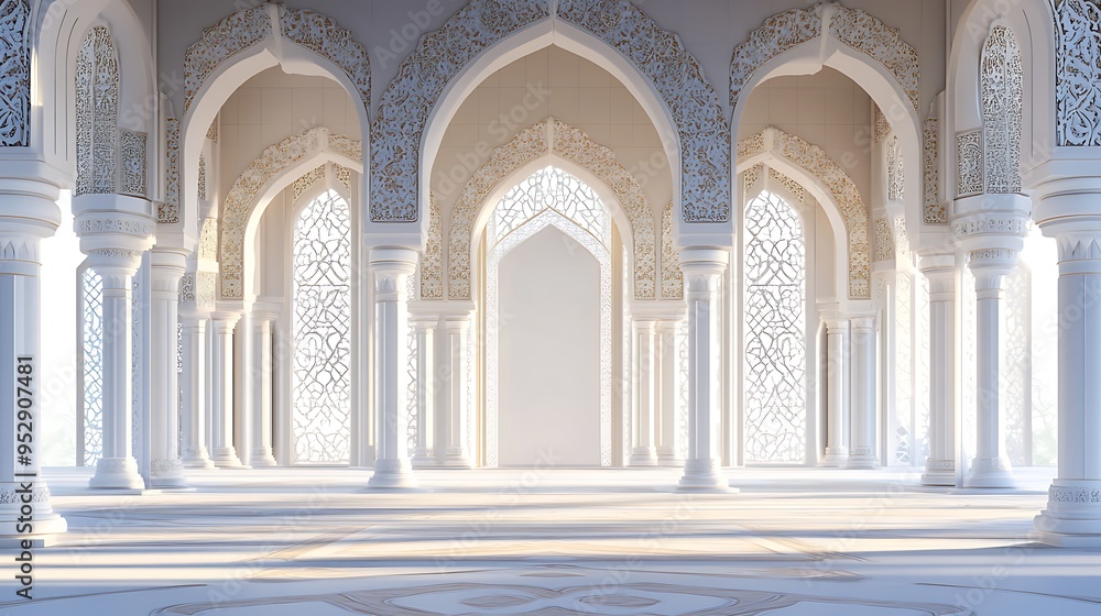 Fototapeta premium White Interior with Ornate Arches and Columns