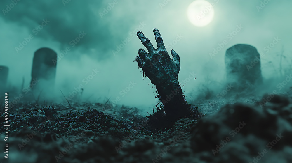 A hand is sticking out of the ground in a graveyard A hand is sticking out of the ground in a graveyard