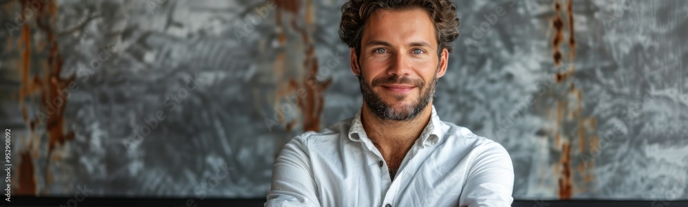 Obraz premium Man with a beard and a white shirt, portrait, banner, copy space