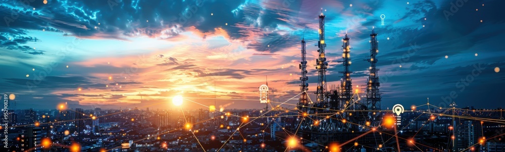 City with many lines of lights in the sky, telecommunication industry, banner, copy space City with many lines of lights in the sky, telecommunication industry, banner, copy space