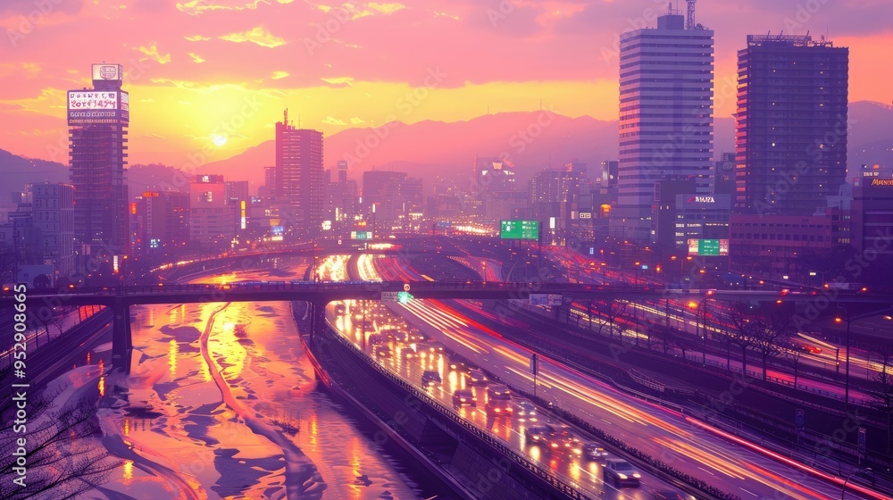 Cityscape at Sunset with River and Highway Cityscape at Sunset with River and Highway