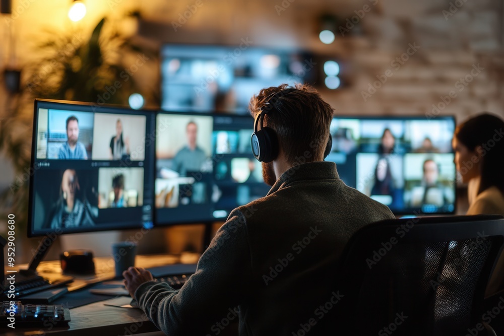 Individuals participate in a virtual meeting at home, focused on multiple computer screens showing other participants during the evening. Generative AI Individuals participate in a virtual meeting at home, focused on multiple computer screens showing other participants during the evening. Generative AI