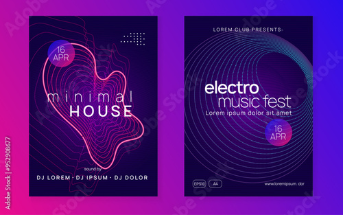 Dance Design. Night Club Electro Element. Concert Invite. Electronic Radio Illustration. Violet Party Set. Pink Music Banner. Fest Event. Blue Dance Design