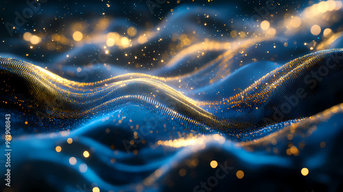 An abstract digital landscape featuring undulating waves of blue and gold light particles, creating a mesmerizing and futuristic visual effect. Futuristic. Illustration photo