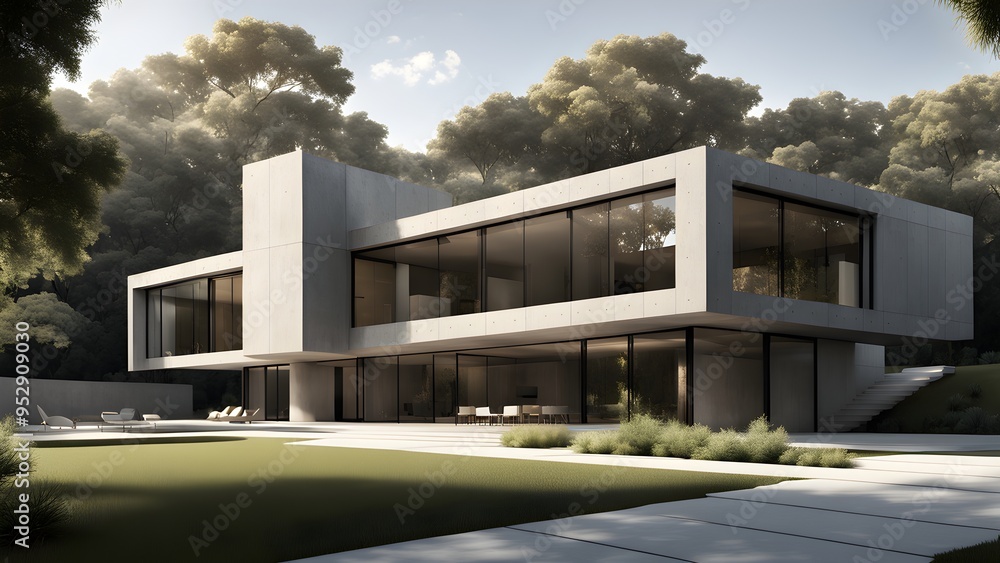 Obraz premium A large, modern house with a large, open living room and a pool in the backyard