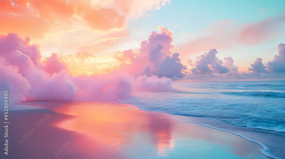 Sunset on the beach with color smoke blending into the sky a dreamlike fusion of natural and artificial beauty. Dreamlike. Illustration Sunset on the beach with color smoke blending into the sky a dreamlike fusion of natural and artificial beauty. Dreamlike. Illustration