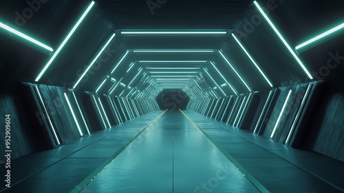 Fototapeta Naklejka Na Ścianę i Meble -  Underground tunnel with futuristic lighting and geometric shapes 3d rendering. Futuristic. Illustration