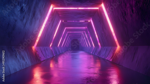 Fototapeta Naklejka Na Ścianę i Meble -  Underground tunnel with futuristic lighting and geometric shapes 3d rendering. Futuristic. Illustration