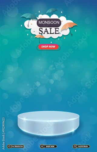 monsoon sale discount portait template banner with blank space 3d podium for social media post product sale with abstract gradient blue background design 23