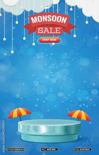 monsoon sale discount portait template banner with blank space 3d podium for social media post product sale with abstract gradient blue background design 20