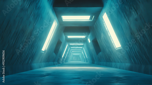 Fototapeta Naklejka Na Ścianę i Meble -  Underground tunnel with futuristic lighting and geometric shapes 3d rendering. Futuristic. Illustration