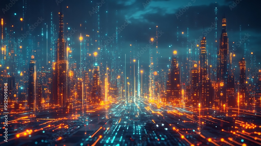 Fototapeta premium Futuristic Cityscape with Glowing Lines and Towers