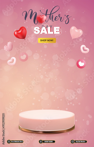 mother day sale discount portait template banner with blank space 3d podium for social media post product sale with abstract gradient pink background design31