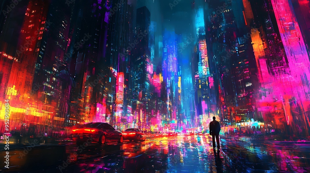 A lone figure stands in a vibrant, futuristic city with neon lights and reflections. A lone figure stands in a vibrant, futuristic city with neon lights and reflections.