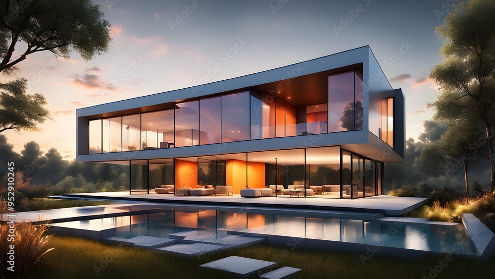 A large, modern house with a pool and a large glass window A large, modern house with a pool and a large glass window