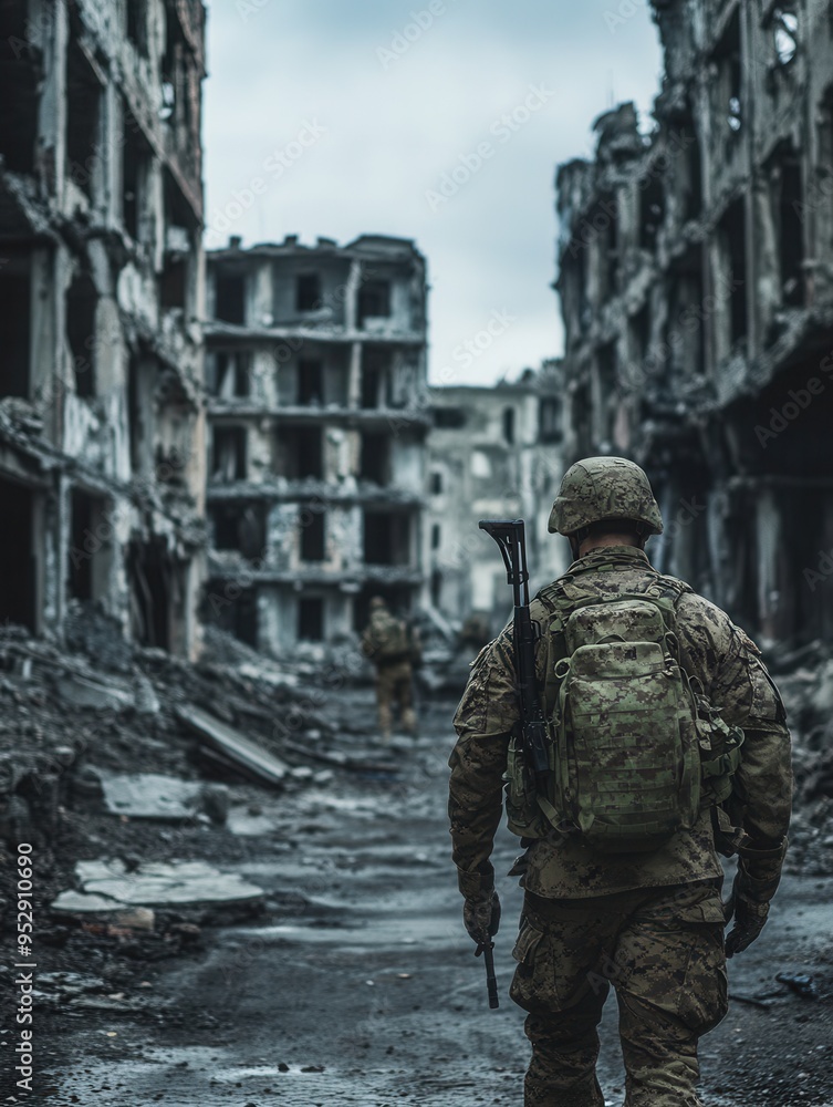 Obraz premium A soldier walks through a city destroyed by conflict, with remnants of buildings and fellow soldiers visible in the background. Generative AI