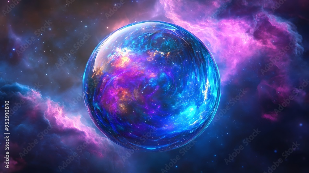 A Crystal Sphere Containing a Swirling Nebula in Deep Space A Crystal Sphere Containing a Swirling Nebula in Deep Space