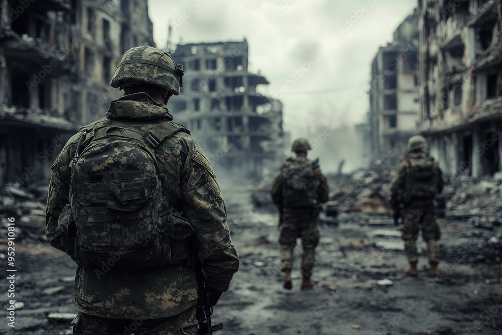 Amidst the remains of destroyed buildings, soldiers survey the devastated area, highlighting the impact of conflict on urban life. Generative AI Amidst the remains of destroyed buildings, soldiers survey the devastated area, highlighting the impact of conflict on urban life. Generative AI