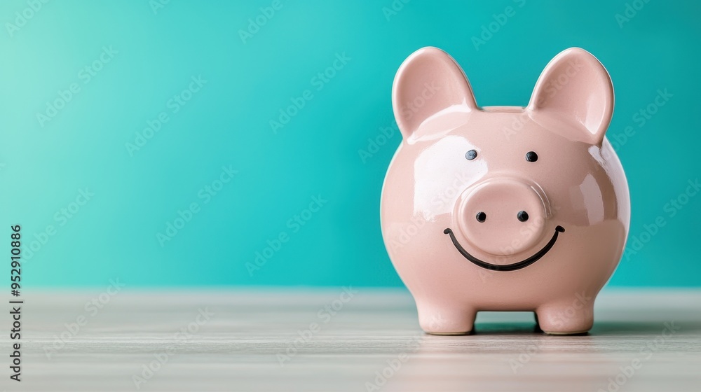 A smiling pink piggy bank placed on a wooden surface against a bright teal background, symbolizing savings, finance, and money management. A smiling pink piggy bank placed on a wooden surface against a bright teal background, symbolizing savings, finance, and money management.