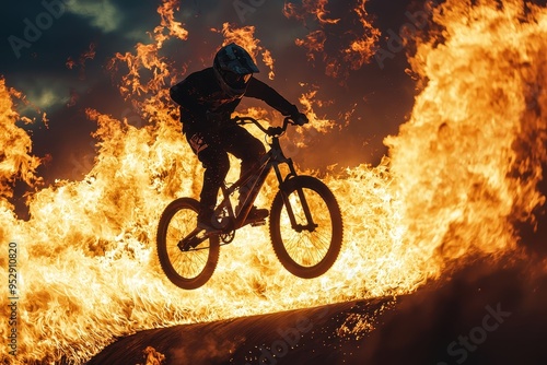 A daring BMX rider jumps through intense flames, performing an extreme stunt at night, showcasing adrenaline, danger, and bravery.