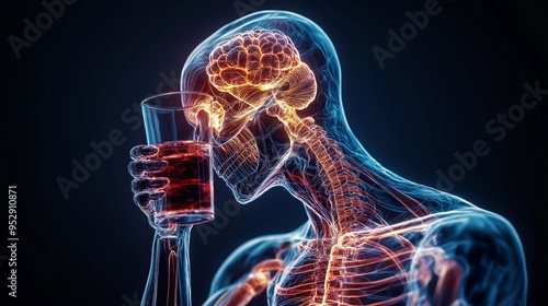 Digital illustration of a human skeleton drinking alcohol, with highlighted brain and nervous system, representing the impact of alcohol on the body