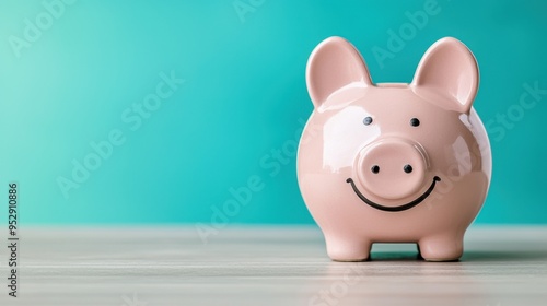 A smiling pink piggy bank placed on a wooden surface against a bright teal background, symbolizing savings, finance, and money management.