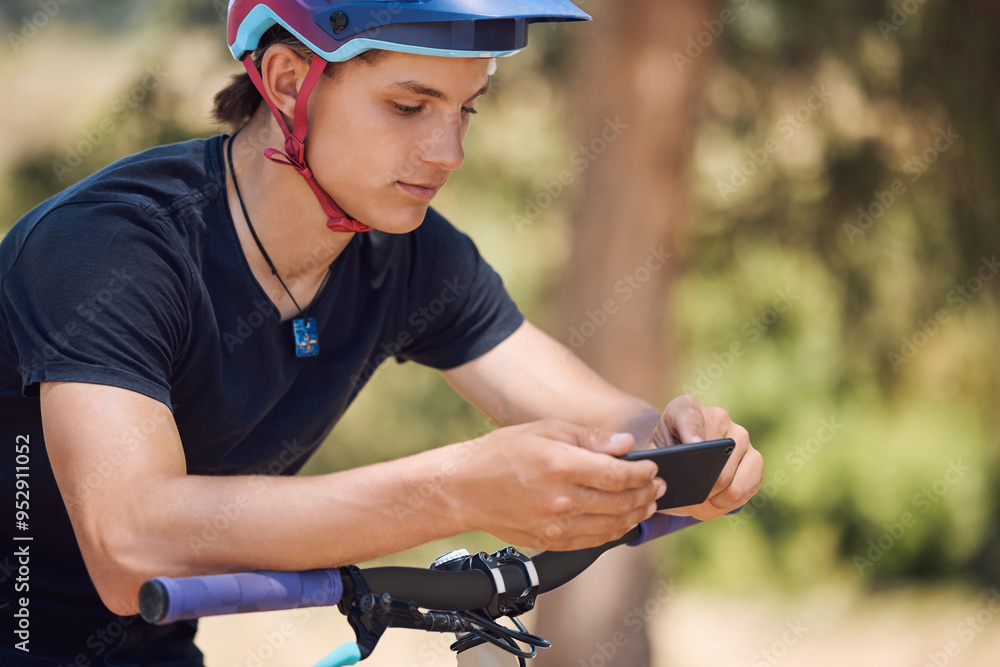 Fitness, bicycle and man with phone online for training, adventure and exercise in nature. Sports, cycling and happy person on mountain bike with smartphone for navigation, website and health app Fitness, bicycle and man with phone online for training, adventure and exercise in nature. Sports, cycling and happy person on mountain bike with smartphone for navigation, website and health app