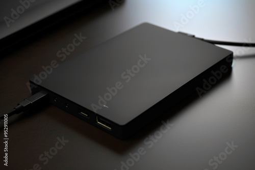 Compact black external hard drive with USB connectivity, ideal for notebook users on a desk photo