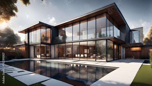 A large house with a pool and a glass facade photo