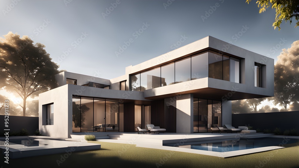 A large, modern house with a pool and a large glass window A large, modern house with a pool and a large glass window
