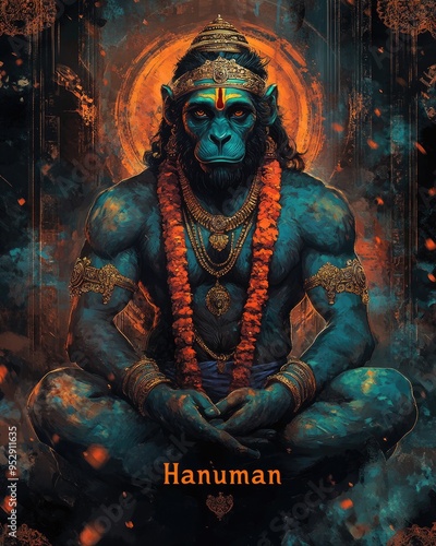 A depiction of Hanuman, the monkey like deity in Hinduism, known for his role in the Ramayana and as an avatar of Shiva, highlighting his significance in festivals like Hanuman Jayanti and Ram Navami. photo