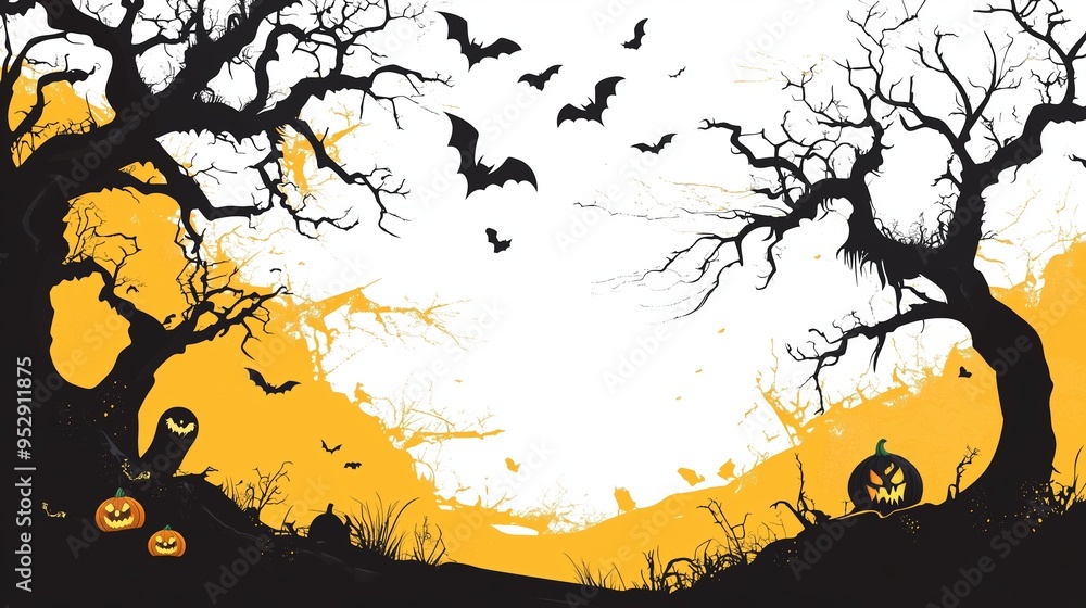A Mysterious Halloween Scene with Bats and Pumpkins at Dusk A Mysterious Halloween Scene with Bats and Pumpkins at Dusk