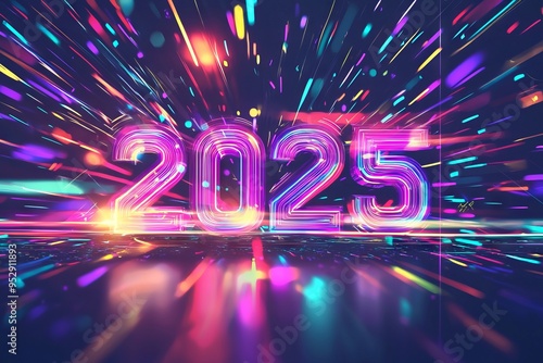 Futuristic 2025 Abstract Background. Dynamic Geometric Shapes with Neon Colors and Light Effects