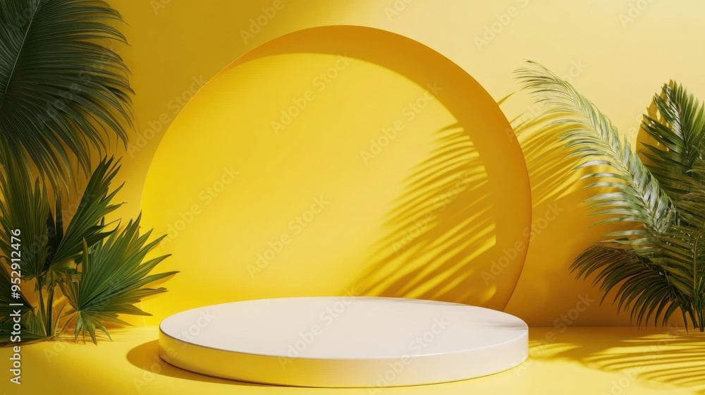 A 3D rendering of a round podium set against a bright yellow backdrop, ideal for highlighting products in a sleek and contemporary style. The scene is vibrant. A 3D rendering of a round podium set against a bright yellow backdrop, ideal for highlighting products in a sleek and contemporary style. The scene is vibrant.