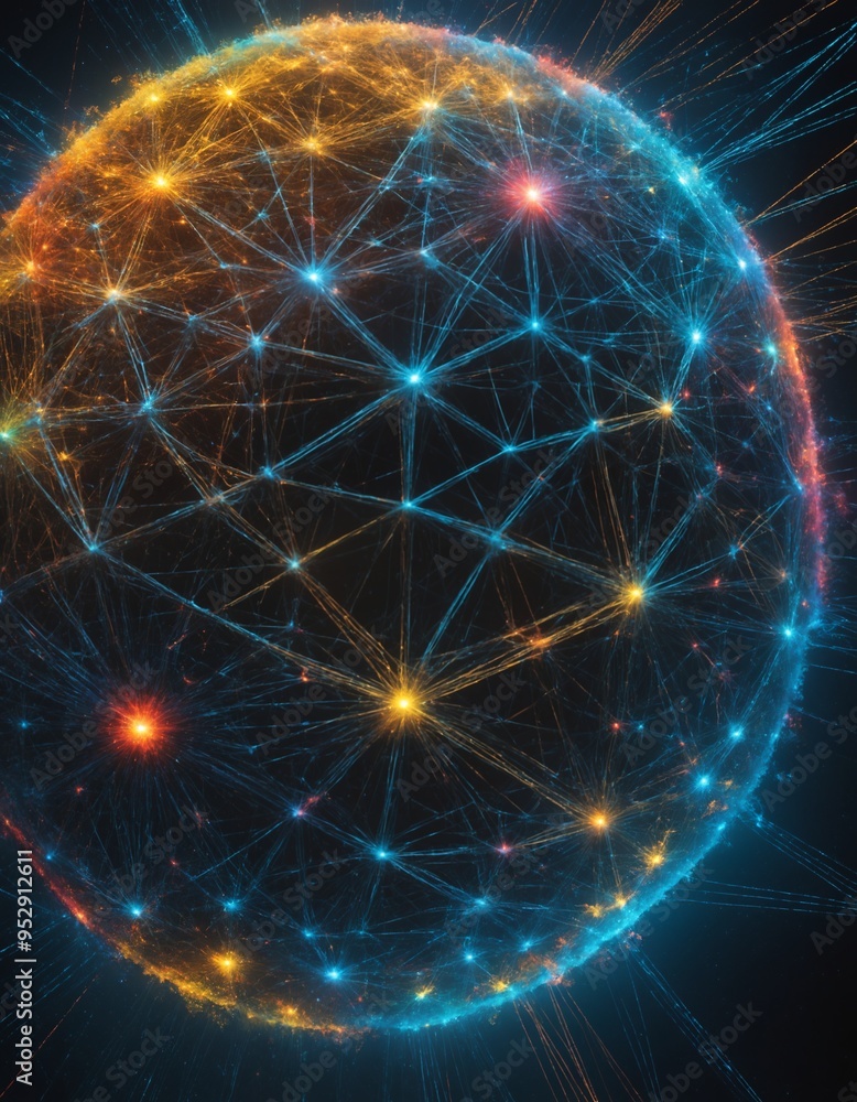 Fototapeta premium abstract network of colorful lines and dots forming a glowing sphere