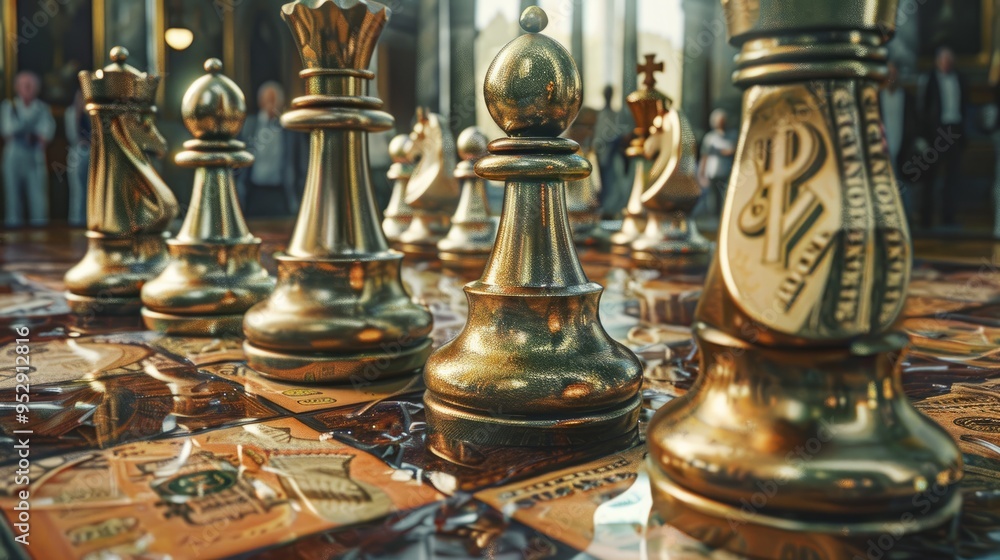 A hyper-realistic photograph in Art Nouveau style depicting a grand chessboard with the American dollar symbol A hyper-realistic photograph in Art Nouveau style depicting a grand chessboard with the American dollar symbol