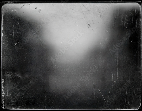 Distressed texture overlay featuring a blurred landscape with a foggy background and scratched surface for artistic presentation photo