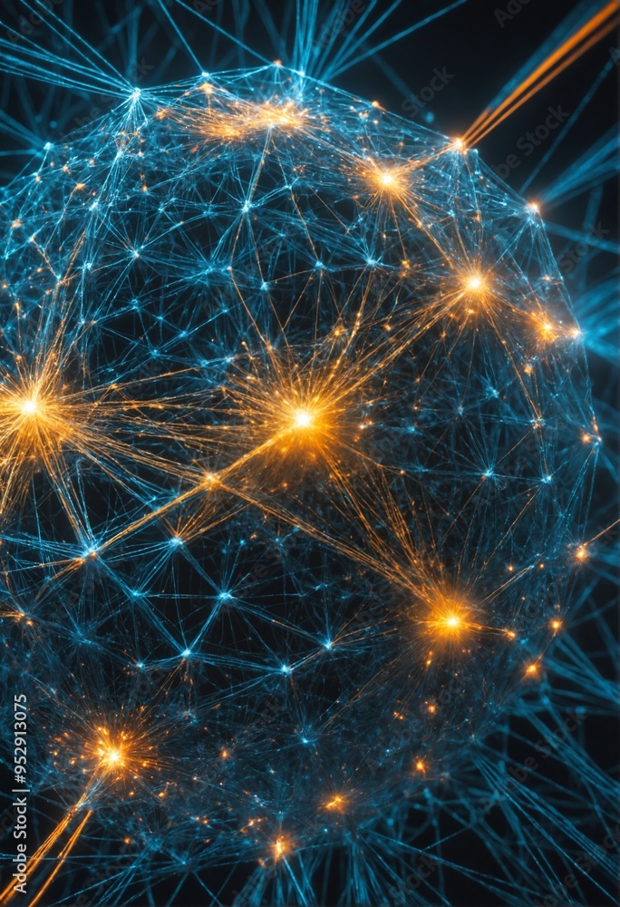 Fototapeta premium abstract network of blue and golden lines and dots forming a glowing sphere