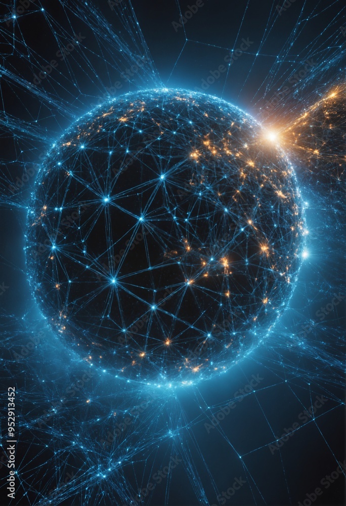 Obraz premium abstract network of glowing lines and dots with a large golden sphere at the center
