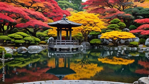 池と色鮮やかな紅葉のある日本庭園