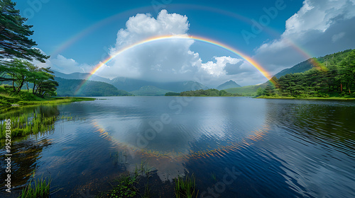 Rainbow Arching Over Serene Lake