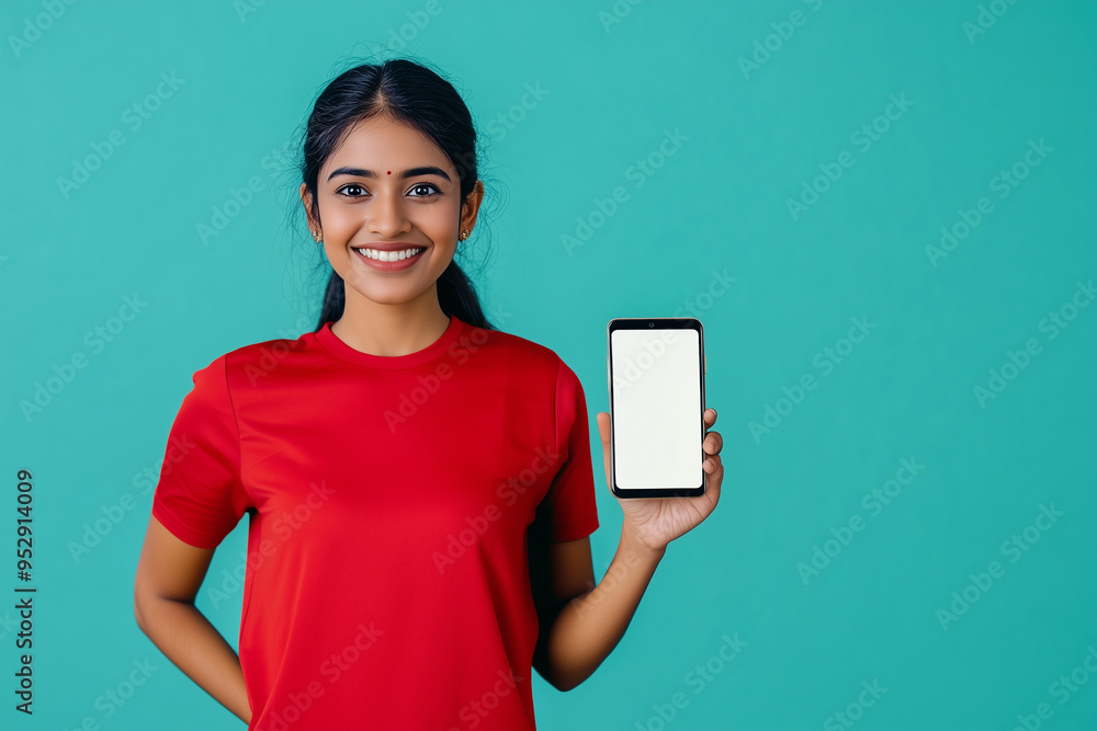 A smiling Asian Indian woman in a red shirt is holding a mockup of a smartphone with a blank white screen towards the camera and her other hand on her hip, set against a light blue background A smiling Asian Indian woman in a red shirt is holding a mockup of a smartphone with a blank white screen towards the camera and her other hand on her hip, set against a light blue background
