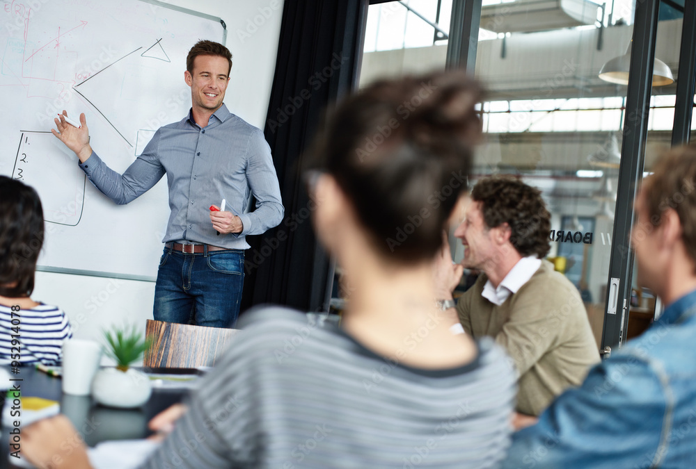 Happy businessman, presentation and meeting with whiteboard or team for planning or brainstorming at office. Man or speaker with employees in collaboration for project or company mission in boardroom Happy businessman, presentation and meeting with whiteboard or team for planning or brainstorming at office. Man or speaker with employees in collaboration for project or company mission in boardroom