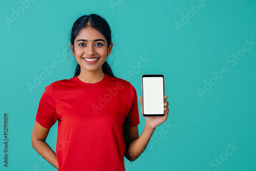 A smiling Asian Indian woman in a red shirt is holding a mockup of a smartphone with a blank white screen towards the camera and her other hand on her hip, set against a light blue background photo