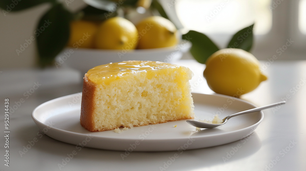 a carefully crafted lemon cake sits on a minimalist white ceramic plate, positioned on a light gray marble countertop a carefully crafted lemon cake sits on a minimalist white ceramic plate, positioned on a light gray marble countertop