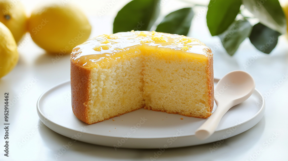 a carefully crafted lemon cake sits on a minimalist white ceramic plate, positioned on a light gray marble countertop a carefully crafted lemon cake sits on a minimalist white ceramic plate, positioned on a light gray marble countertop