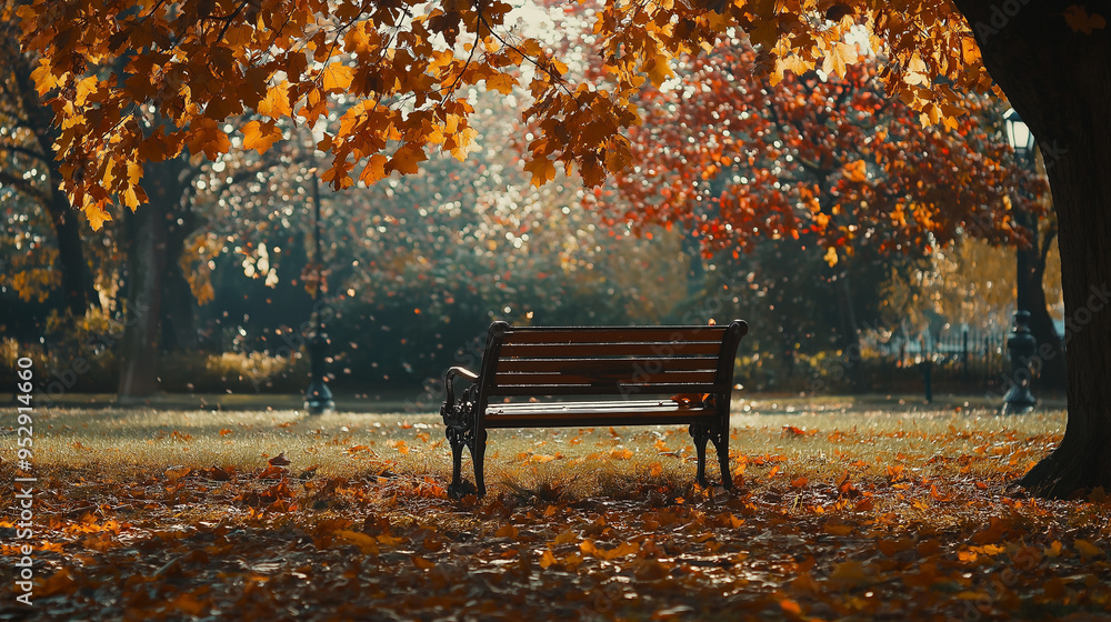 a lone bench in a park, covered with a scattering of fallen leaves a lone bench in a park, covered with a scattering of fallen leaves